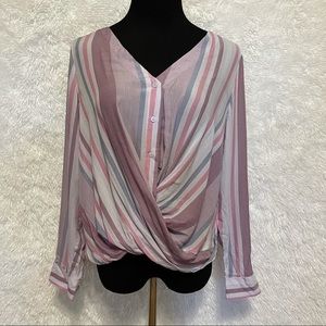 a.n.a Woman’s Criss Cross Front Striped Long Sleeve Button Down Blouse